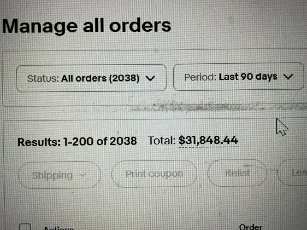 eBay orders dashboard showing 2,038 orders and $31,848.44 in sales over 90 days