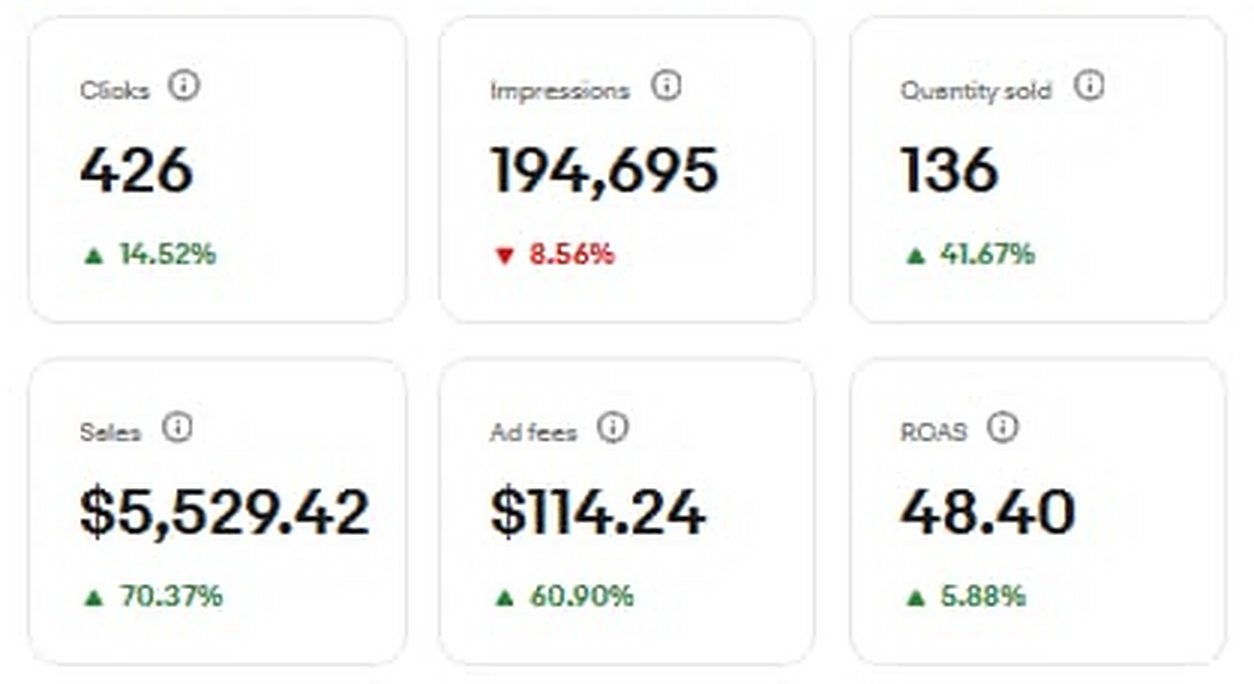 eBay advertising dashboard showing $5,529.42 in sales, $114.24 in ad fees, and 48.40 ROAS
